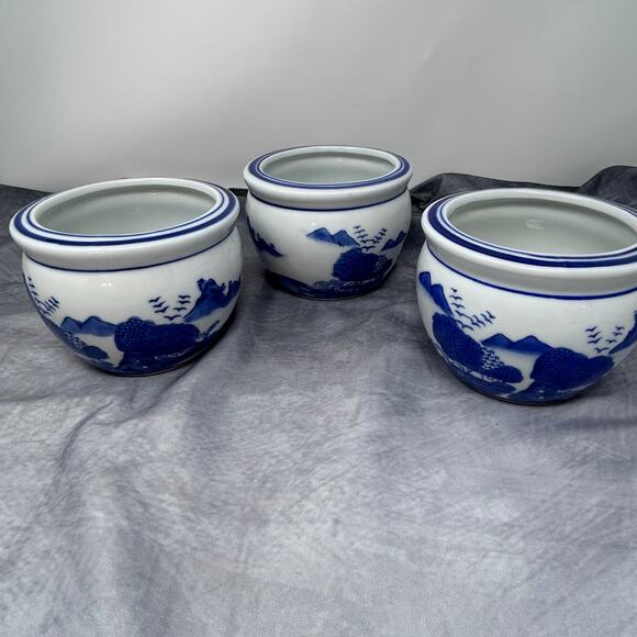 VTG Lot 3 Chinoiserie Porcelain Cachepot Jardiniere Blue White 5" Asian Scenes - Picture 2 of 10